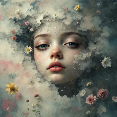 The primary subject of the image is a young woman with blue eyes, surrounded by a cloud of flowers. She is wearing a dress and has a pink flower in her hair. The setting is a cloudy sky, and the visual style is a painting or digital art. The colors and mood of the image are predominantly pink and soft, creating a dreamy and romantic atmosphere.